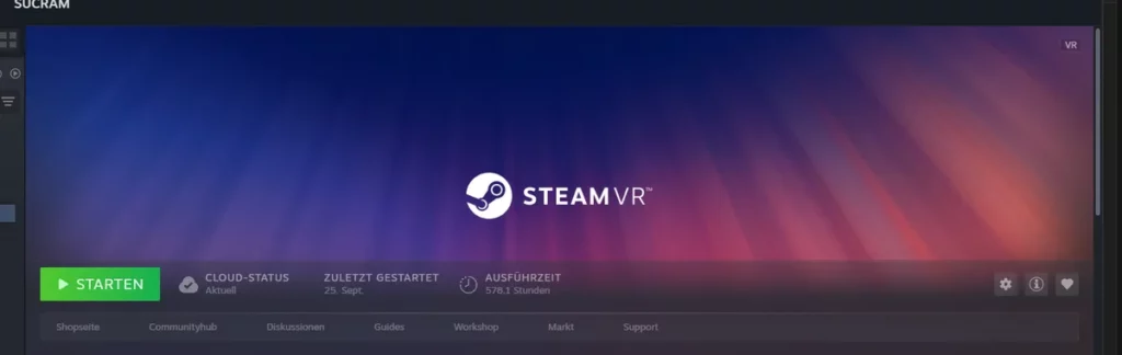 SteamVR in der Steam-Bibliothek: Ausführzeit 578,1 Stunden, zuletzt gestartet 25. September 2026