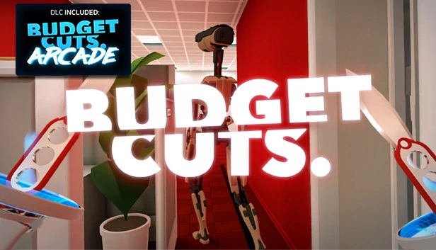 Budget Cuts", das einen Spieler zeigt, wie er in einem futuristischen Bürokomplex schleicht.