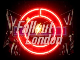 Fallout London Logo mit rotem Neon-Design und britischer Flagge im Hintergrund