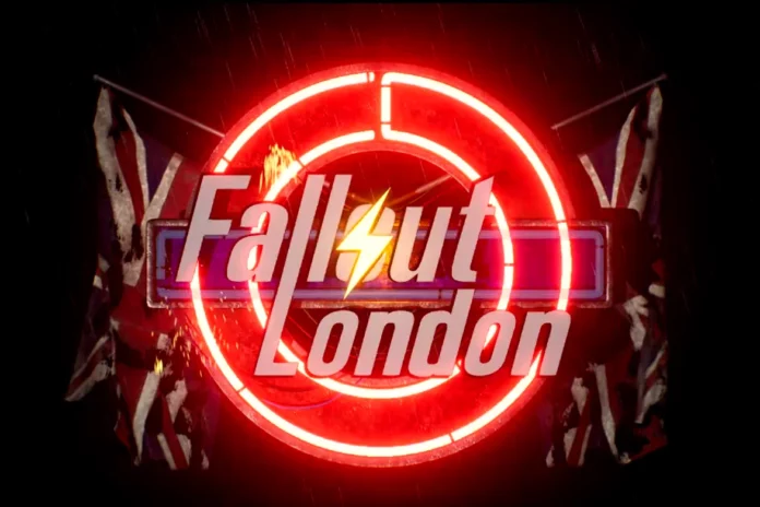 Fallout London Logo mit rotem Neon-Design und britischer Flagge im Hintergrund