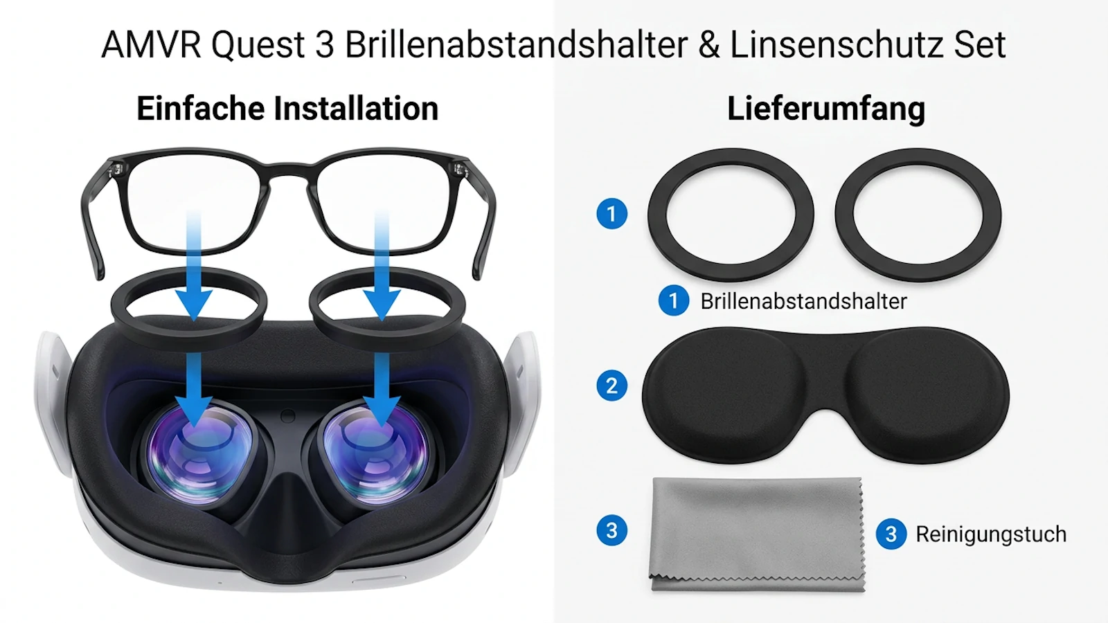 Brillenabstandshalter für die Meta Quest 3: zwei Ringe werden vor die Linsen gesetzt, damit die Brille sie nicht berührt