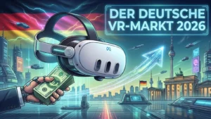 Hero-Bild zur Marktanalyse: Meta Quest 3 VR-Brille vor Deutschland-Flagge mit Berliner Skyline, Brandenburger Tor und Fernsehturm, symbolisiert den deutschen VR-Markt 2026