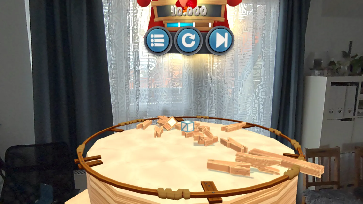 Level geschafft mit 10.000 Punkten in Angry Birds VR Isle of Pigs im Mixed-Reality-Modus