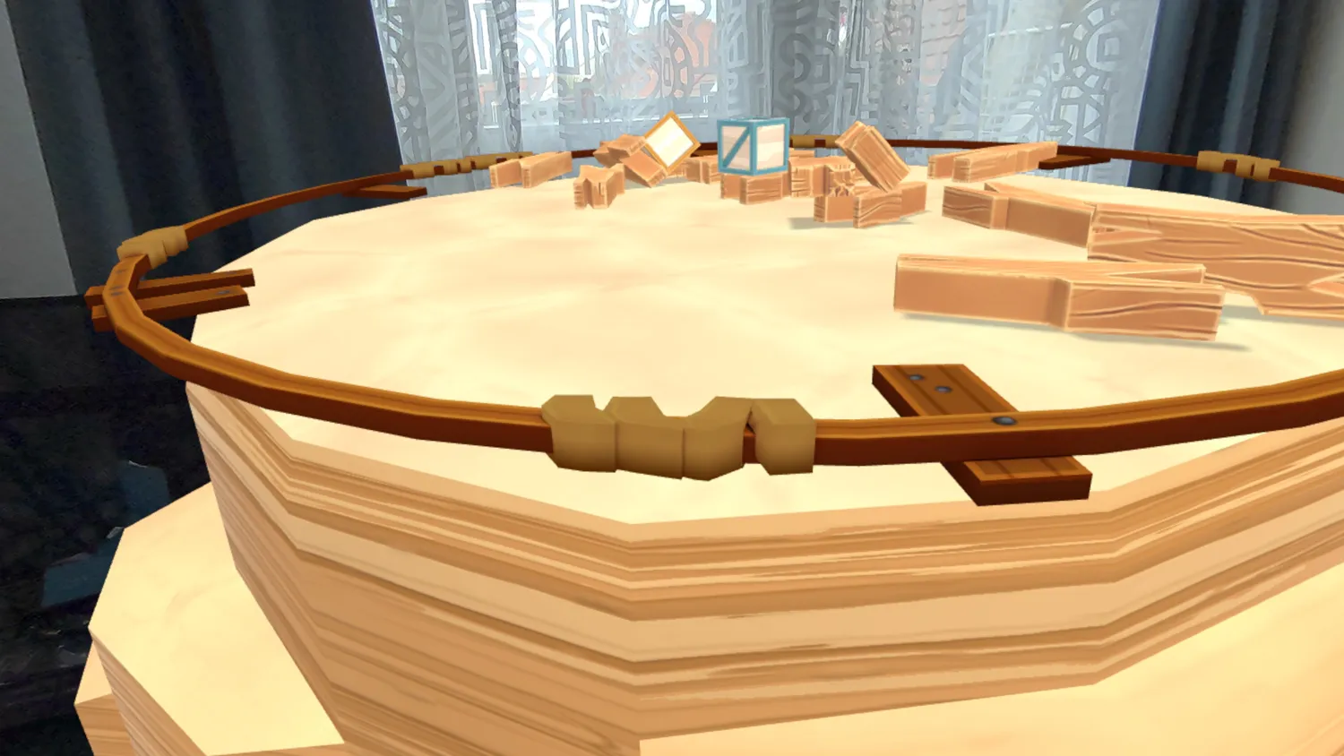 Zerstörte Holzkonstruktion nach einem Treffer in Angry Birds VR Isle of Pigs Mixed Reality