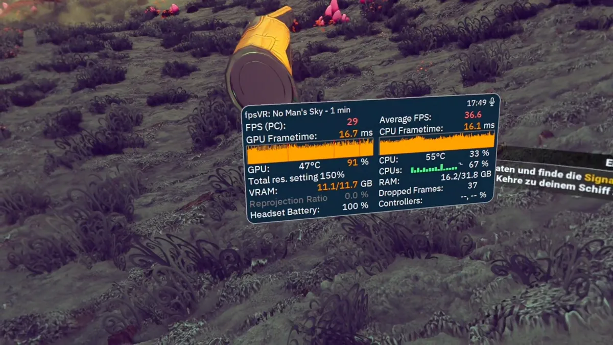 fpsVR Overlay in No Mans Sky VR zeigt 91 Prozent GPU Auslastung und fast vollen VRAM auf der RTX 5070