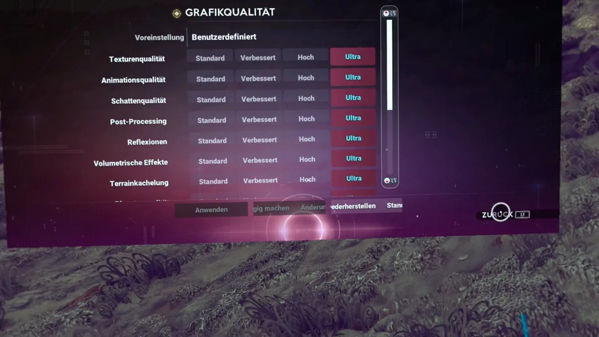 Grafikeinstellungen von No Mans Sky VR mit allen Optionen auf Ultra