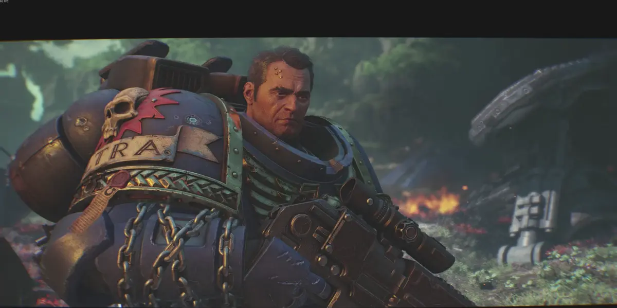 Lieutenant Titus in Nahaufnahme mit glänzender Ultramarines-Rüstung in Space Marine 2