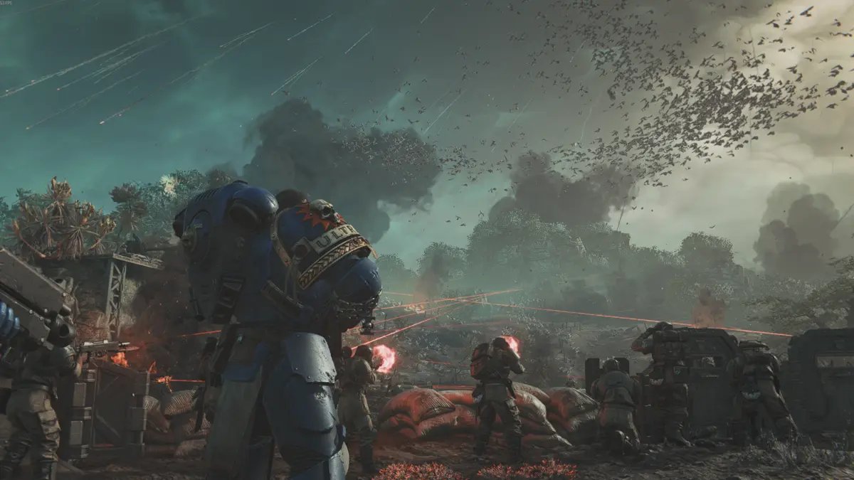 Gargoyle-Schwarm der Tyraniden am Himmel über dem Schlachtfeld von Kadaku in Space Marine 2