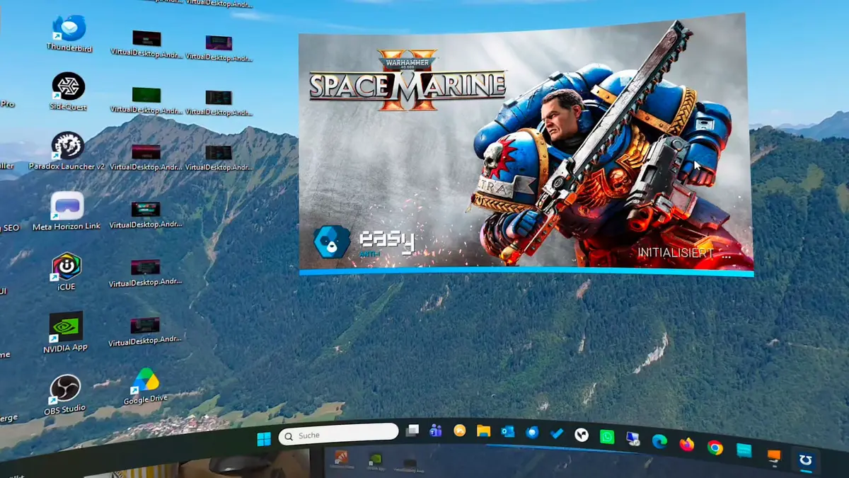 Space Marine 2 Startbildschirm auf der virtuellen Leinwand von Virtual Desktop, schwebend über einem Alpenpanorama