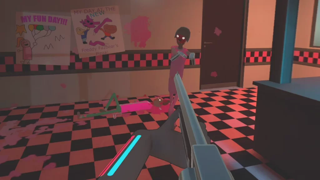 Community-Map in Brutalistick VR, dunkle Pizzeria mit Schachbrettboden und Neonlicht
