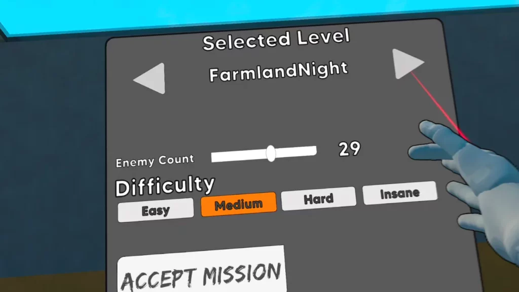 Missionsauswahl in Brutalistick VR mit Level FarmlandNight, Enemy Count 29 und Schwierigkeitsgrad Medium