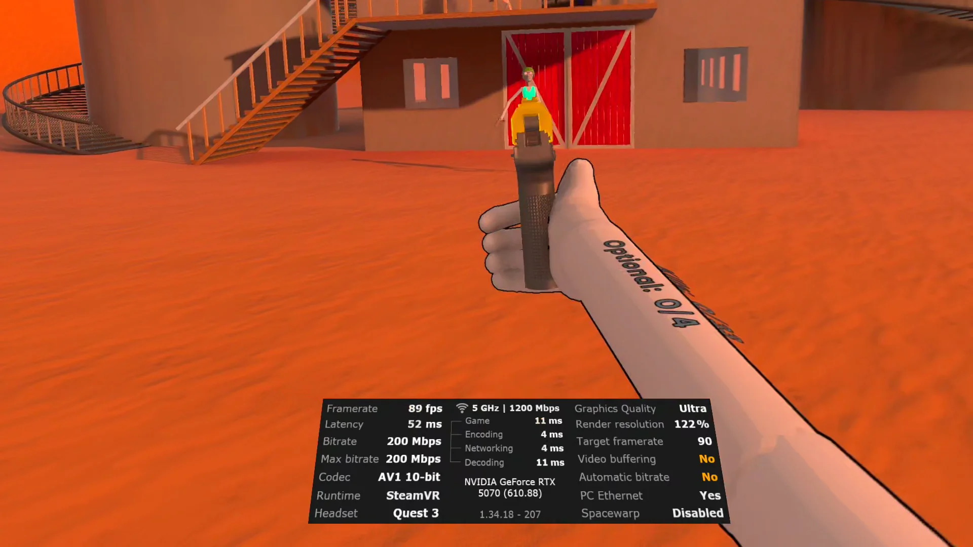 Virtual-Desktop-Leistungsoverlay in Brutalistick VR: 89 fps, 52 ms Latenz, AV1 mit 200 Mbit/s auf der RTX 5070