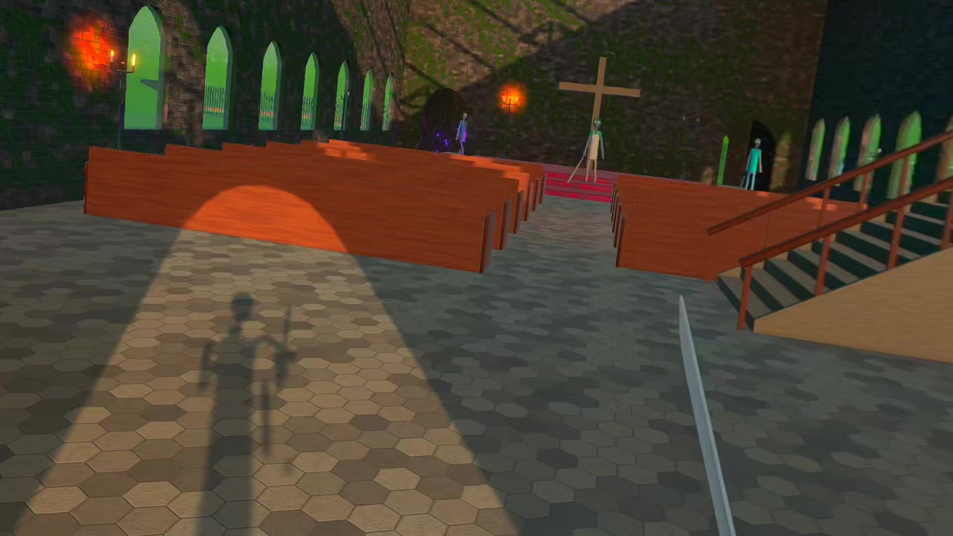 Kirchen-Level in Brutalistick VR mit Kreuz, Fackeln und Strichmännchen-Gegnern