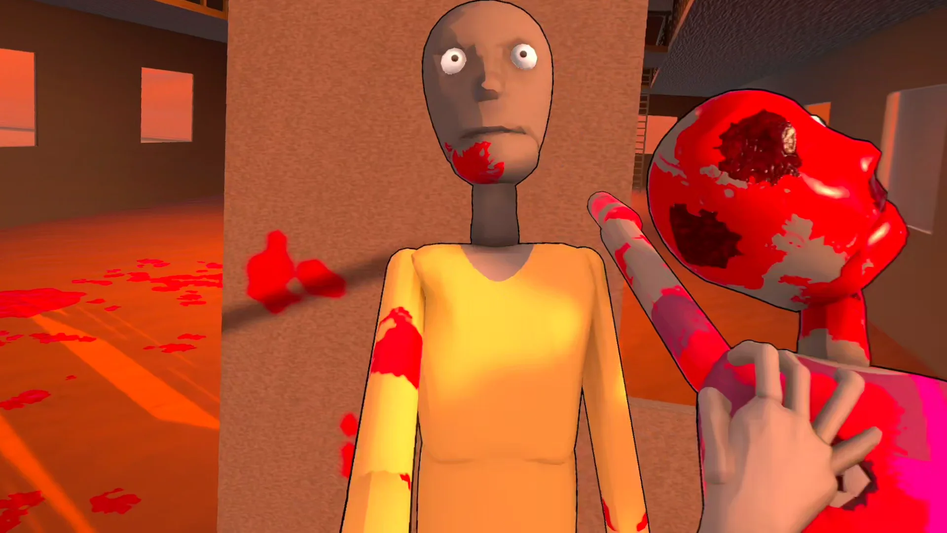 Spieler hält in Brutalistick VR den abgetrennten roten Kopf eines Gegners in der Hand, daneben steht ein weiterer Gegner