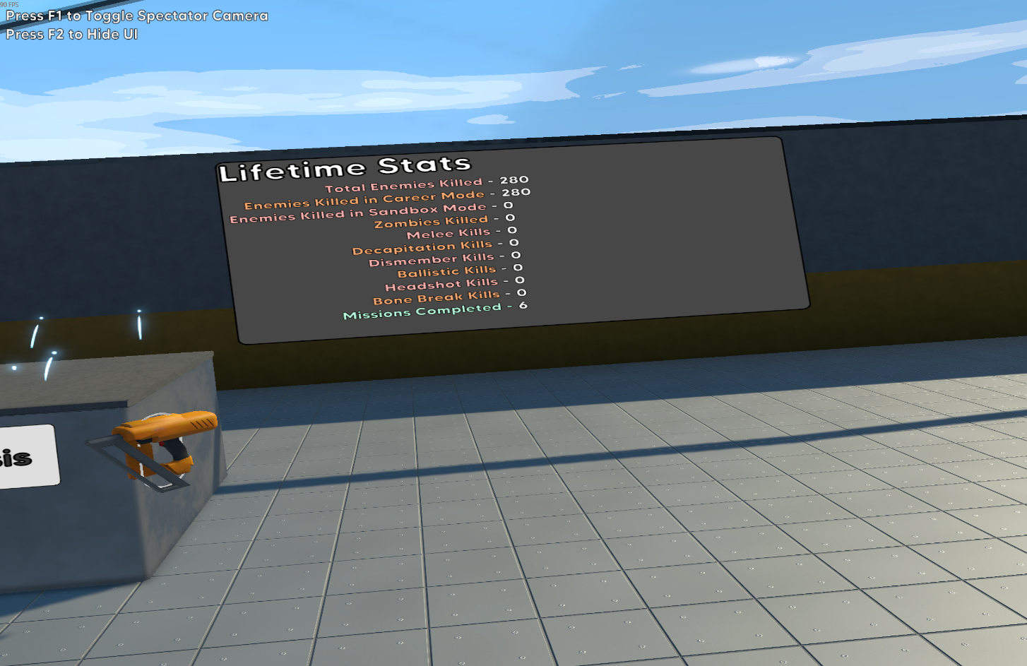 Lifetime-Stats-Board in Brutalistick VR: 280 besiegte Gegner und 6 Missionen, aber alle Unterkategorien stehen auf 0