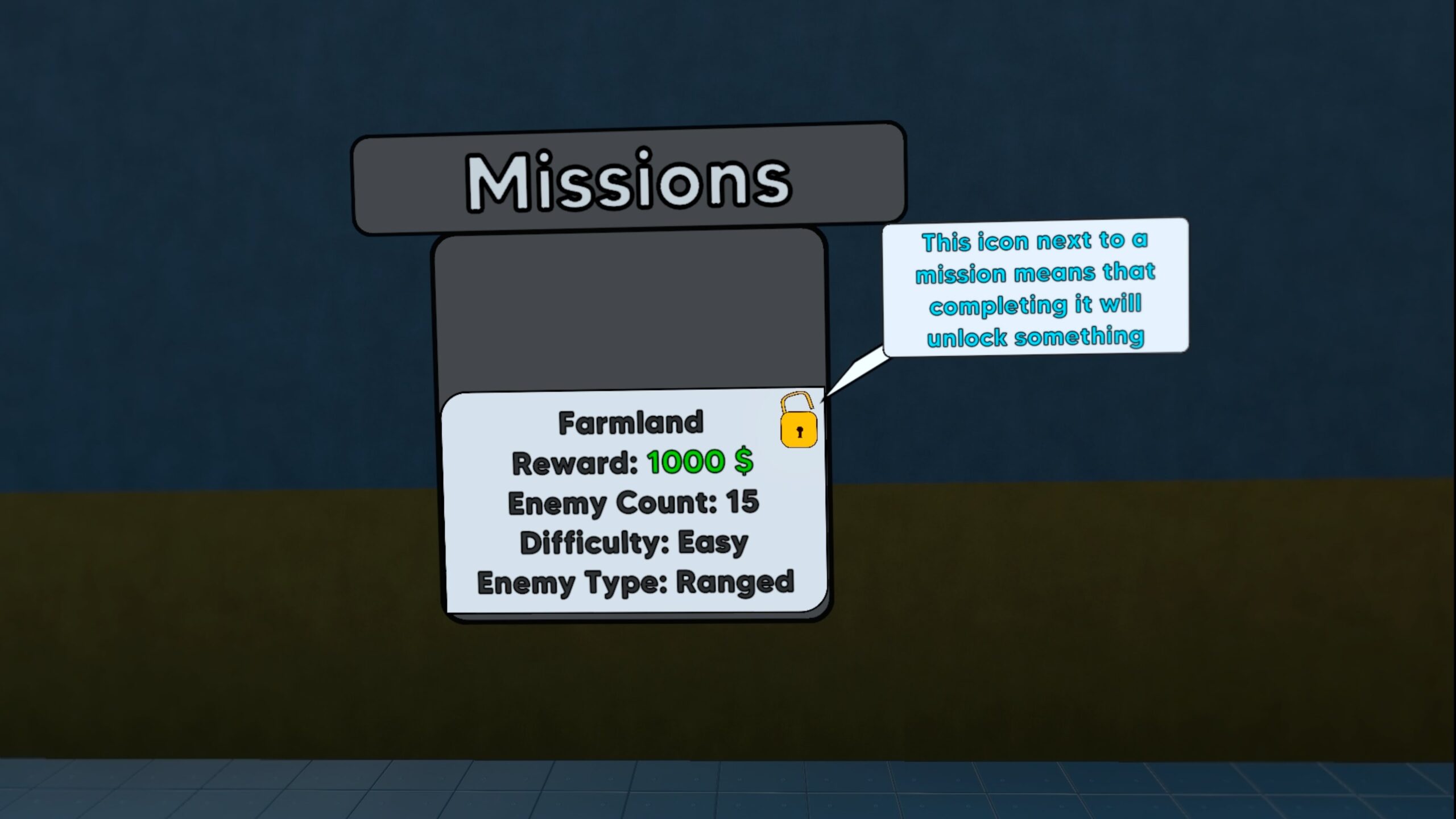 Missions-Board in Brutalistick VR: Farmland-Mission mit 1.000 Dollar Belohnung, 15 Gegnern und Schloss-Symbol