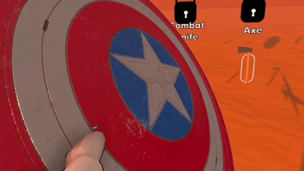 Captain-America-Schild als Mod in Brutalistick VR, rot-weiss-blau bemalt mit Stern, in der Hand gehalten