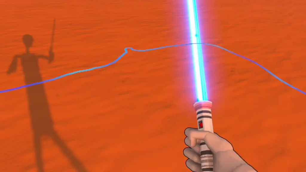 Blau leuchtendes Lichtschwert als Star-Wars-Mod in Brutalistick VR, Klinge aktiviert in der Wueste