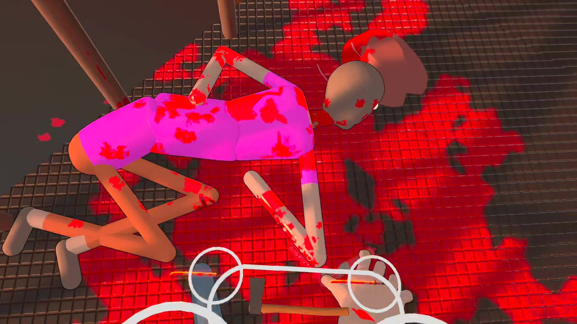 Comic-Gewalt in Brutalistick VR: blutgetränkte Ragdoll-Gegner nach einem Kampf