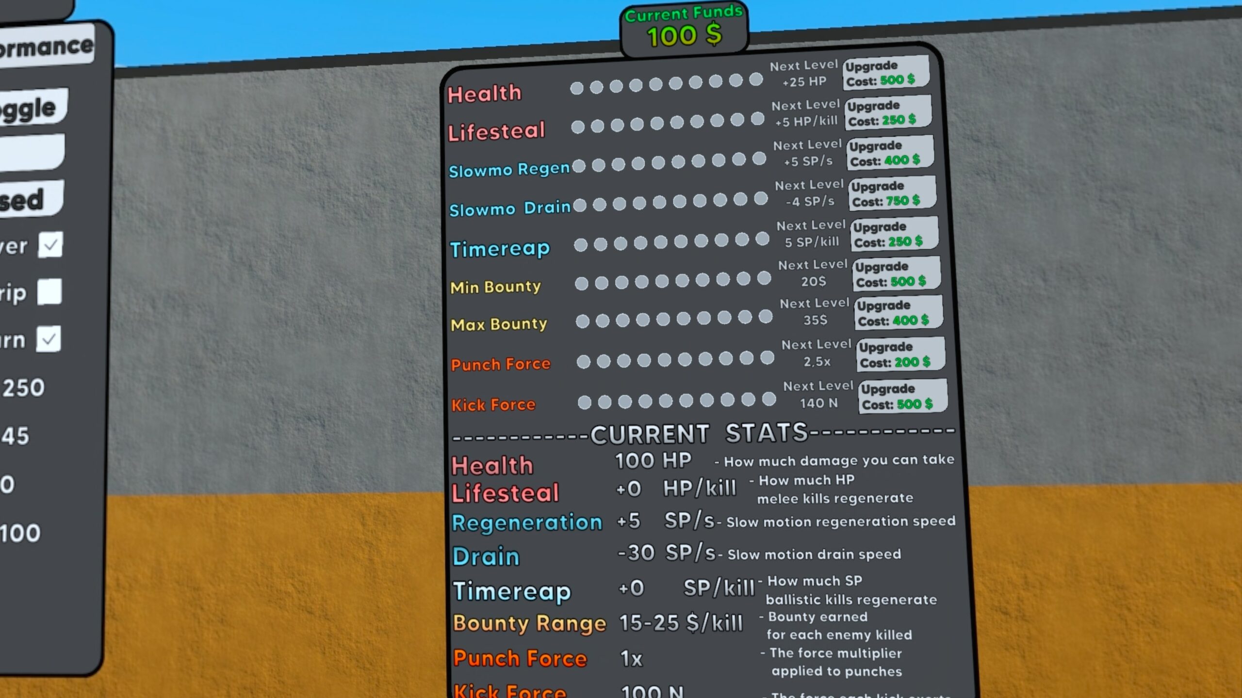 Upgrade-Board in Brutalistick VR mit Preisen für Health, Lifesteal, Slowmo und Punch Force