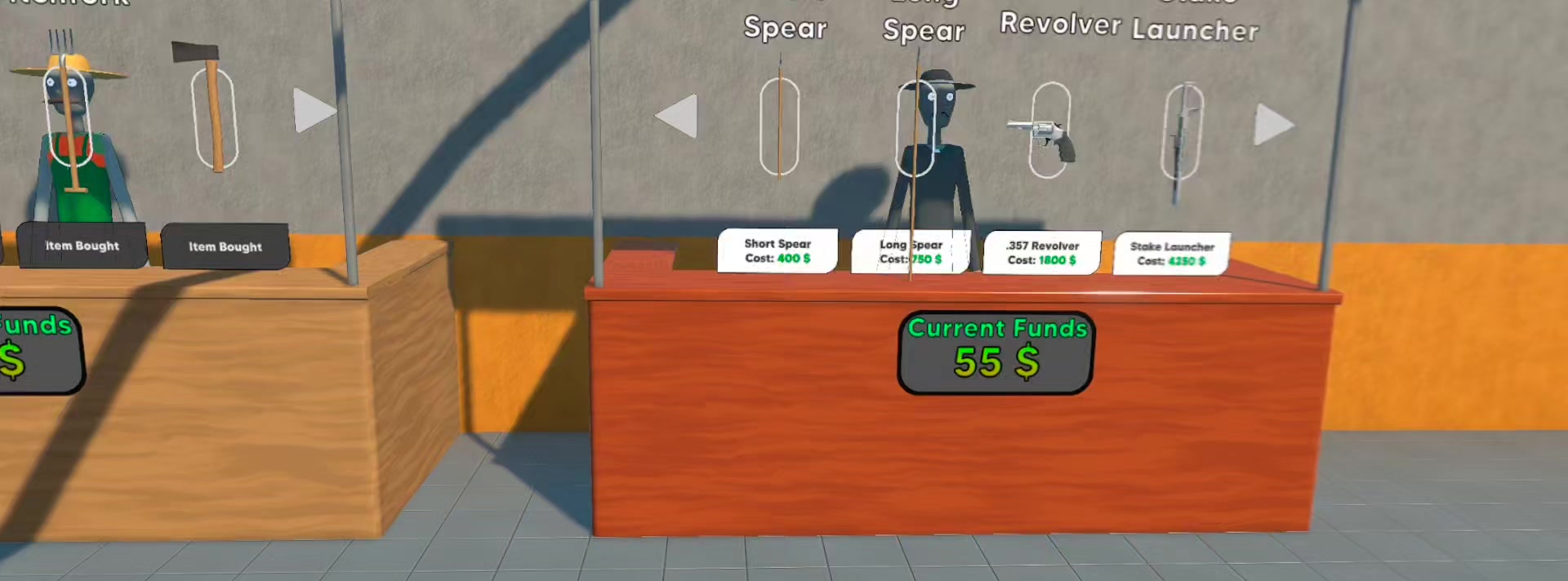 Waffenshop in Brutalistick VR: Short Spear 400, Long Spear 750, .357 Revolver 1.800 Dollar Spielwährung