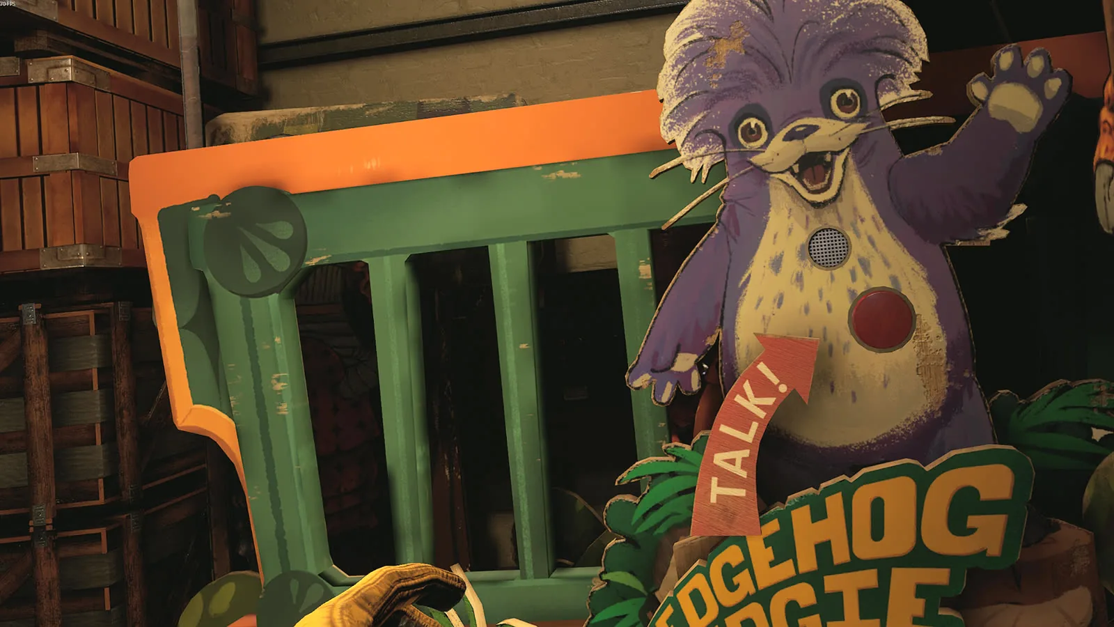 Secret of the Mimic in VR: Werbeaufsteller von Hedgehog Hudgie mit TALK-Pfeil