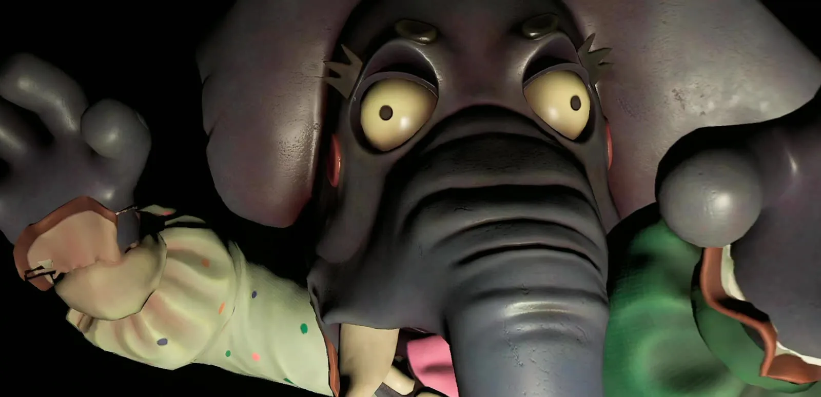 Secret of the Mimic in VR: Jumpscare, der Elefanten-Animatronic steht direkt vor dem Spieler