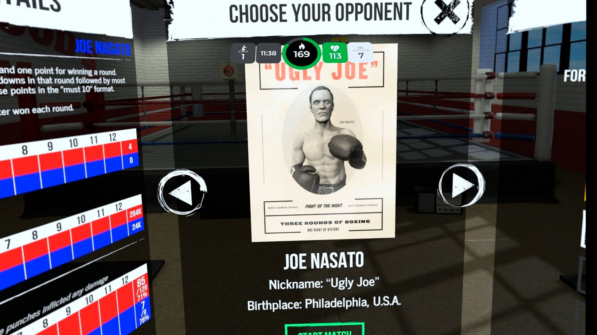 Gegnerauswahl in The Thrill of the Fight mit dem Steckbrief von Joe Nasato alias Ugly Joe aus Philadelphia