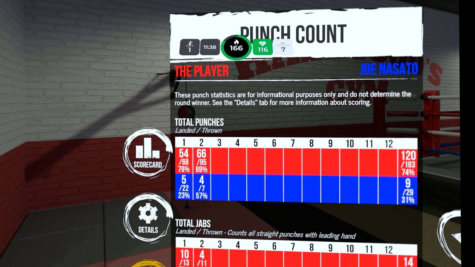 Punch-Count-Statistik in The Thrill of the Fight mit 120 Treffern aus 163 Schlägen