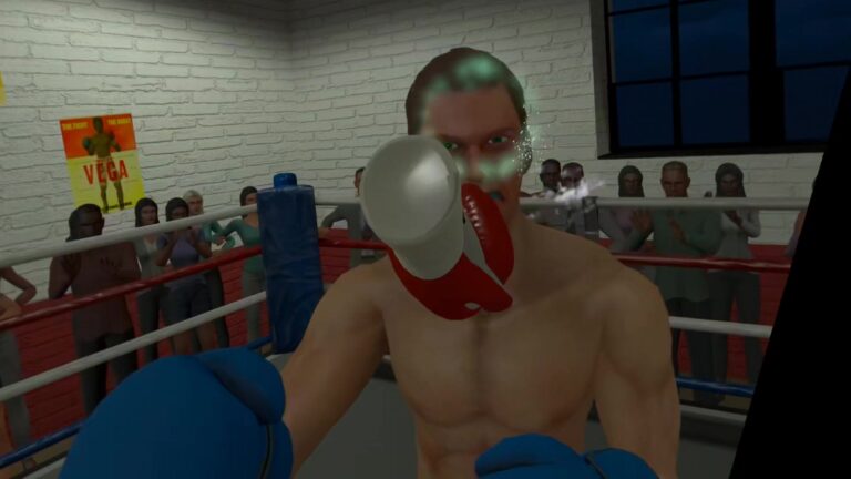 Gesichtstreffer in The Thrill of the Fight, der Schweiß des Gegners fliegt sichtbar durch das Bild