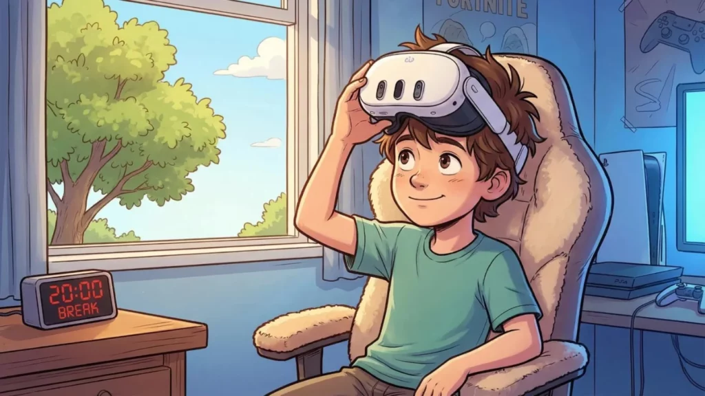Comic-Illustration: Ein Junge unterbricht das VR-Spielen, schiebt die Brille hoch und schaut entspannt aus dem Fenster ins Grüne. Visualisierung der 20-20-20 Regel zur Schonung der Kinderaugen bei Virtual Reality.