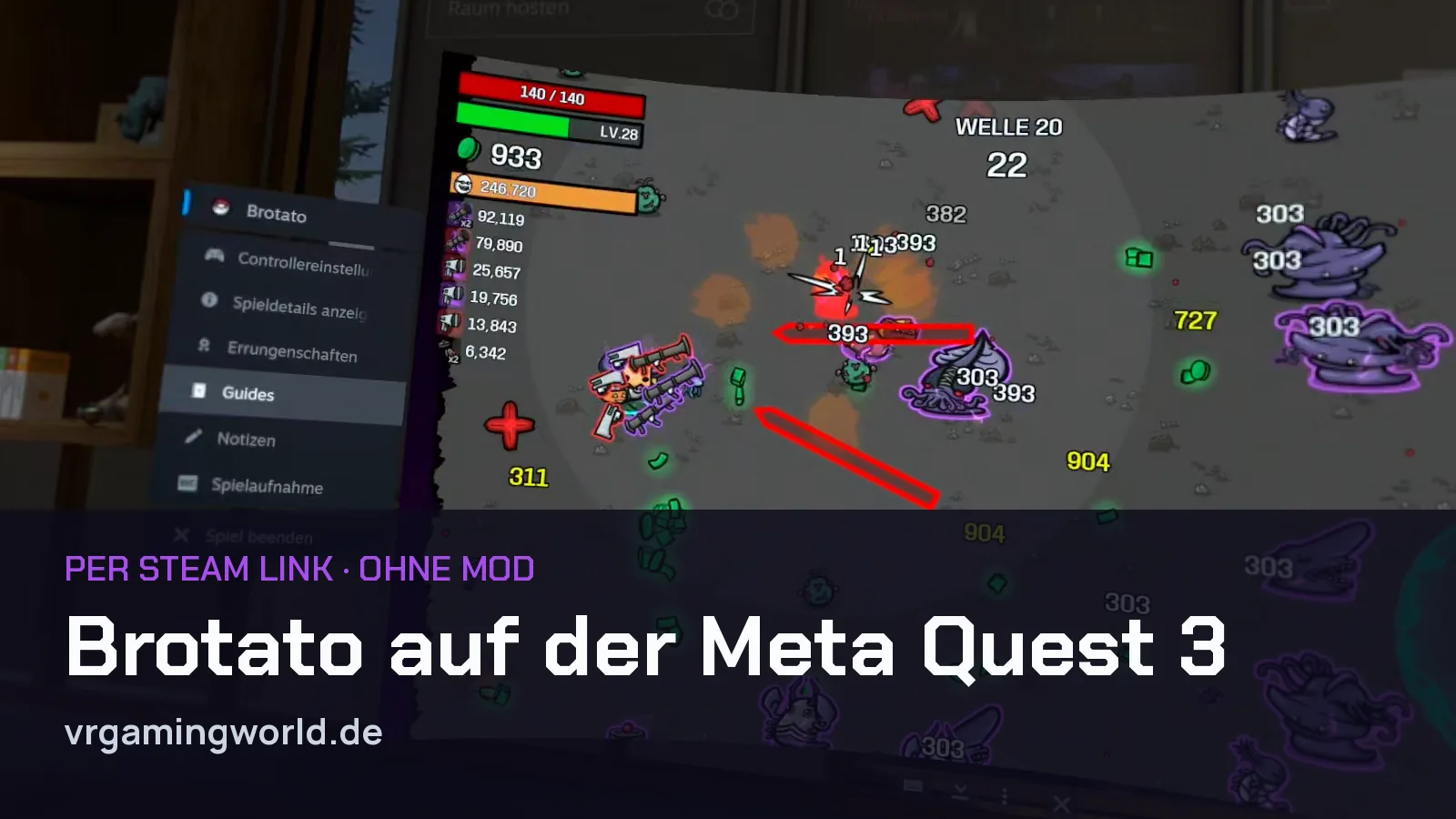 Brotato auf der Meta Quest 3 per Steam Link, Welle 20 mit Explosionen