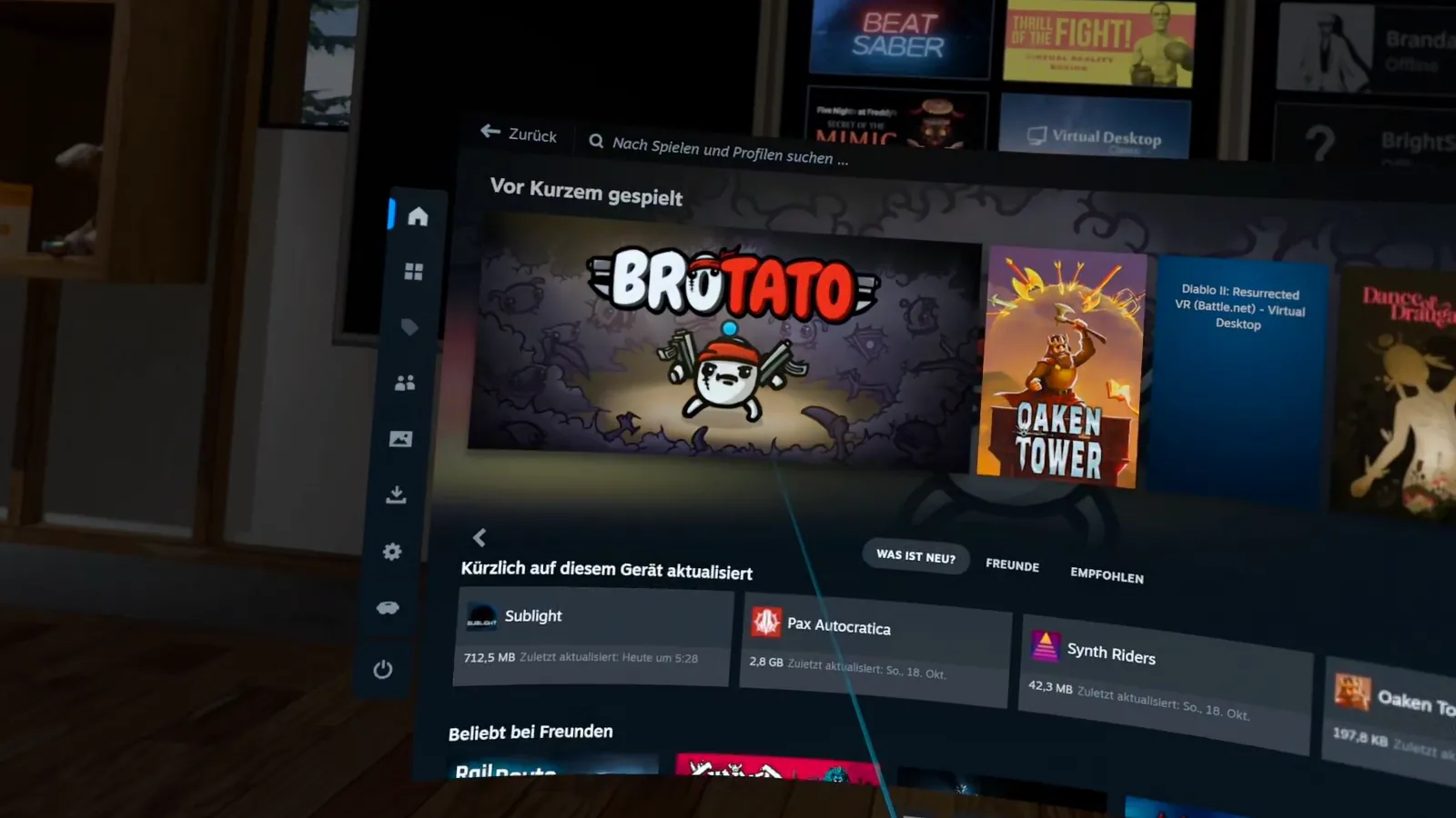 Steam-Bibliothek mit Brotato unter Kürzlich gespielt in Steam Link auf der Meta Quest 3