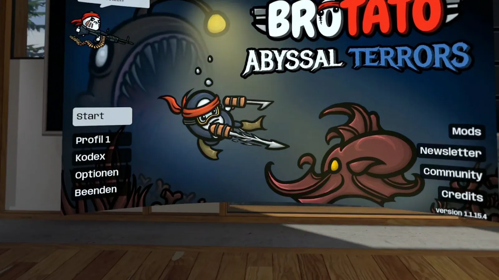 Titelbild von Brotato Abyssal Terrors auf der virtuellen Leinwand in SteamVR Home auf der Meta Quest 3
