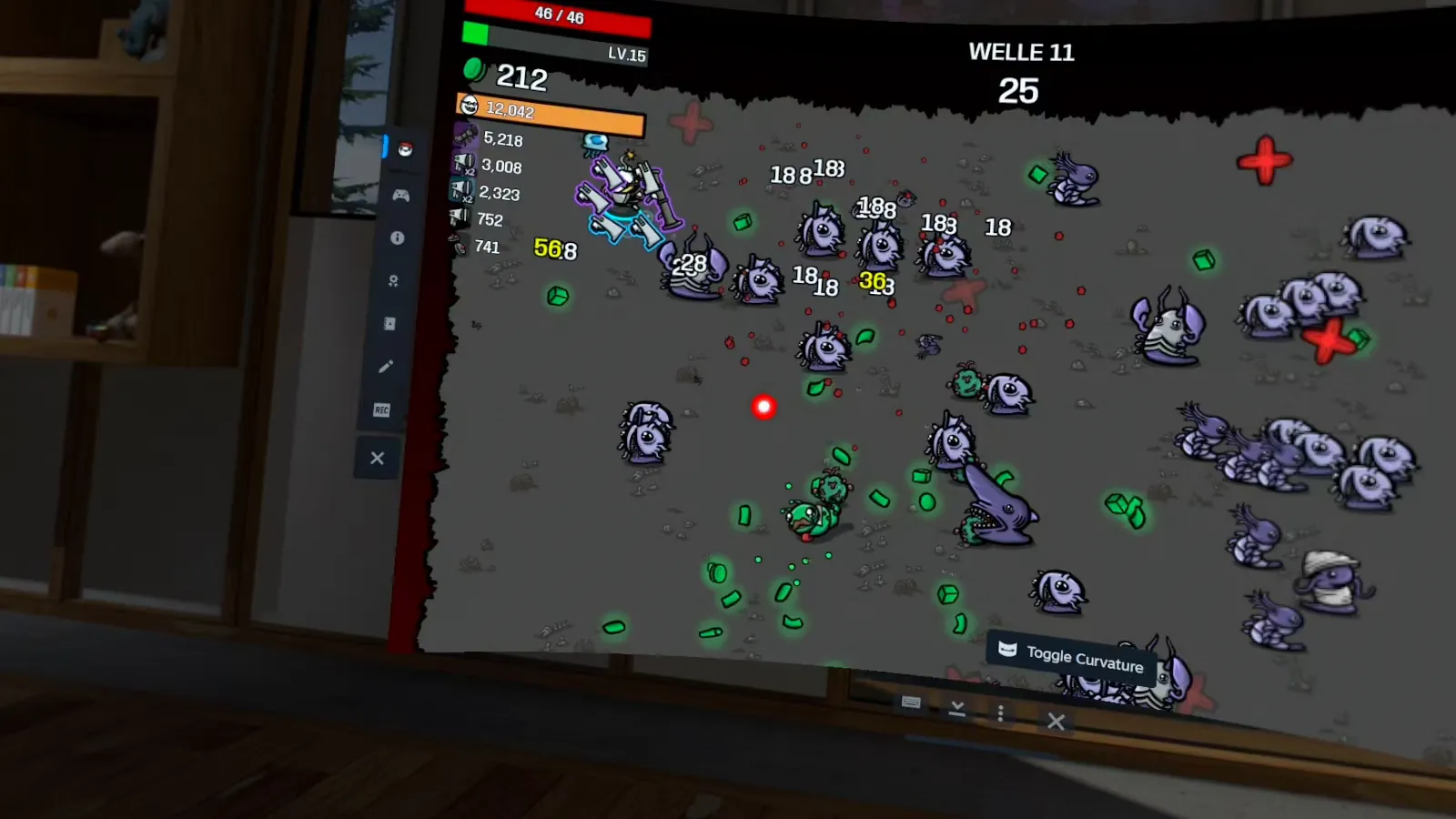 Hordewelle in Brotato auf der großen Leinwand der Meta Quest 3