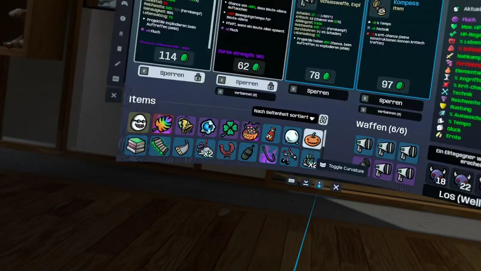 Laden zwischen den Wellen mit verfluchten Waffen in Brotato auf der Meta Quest 3