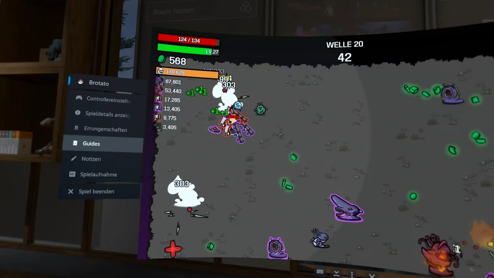 Welle 20 in Brotato auf der Meta Quest 3 mit großen Explosionen