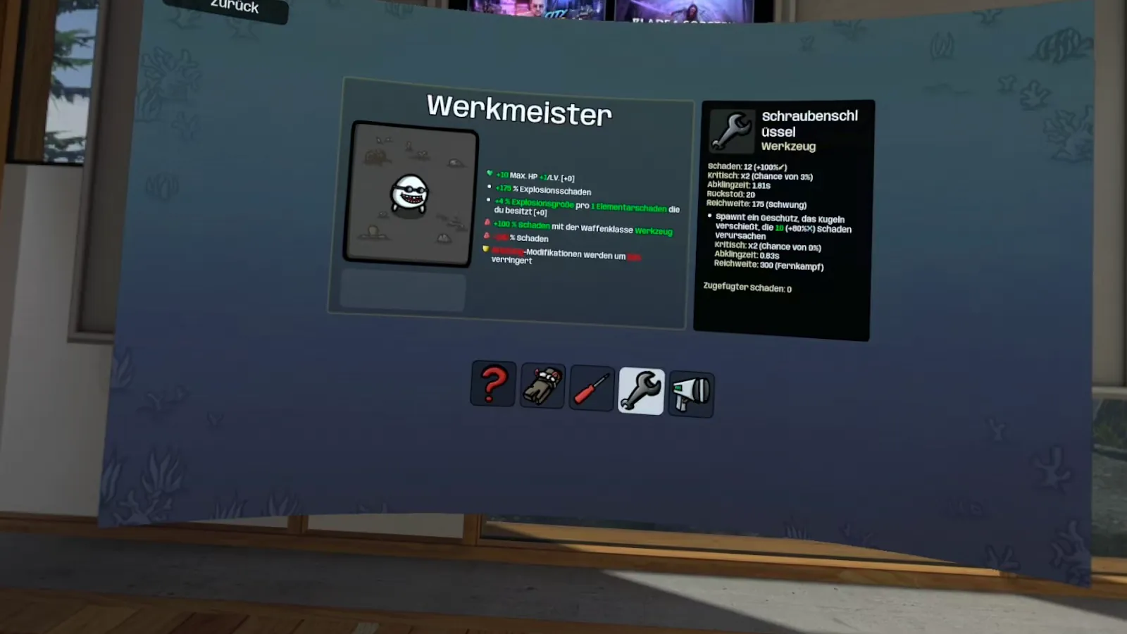Charakterauswahl mit dem Werkmeister in Brotato auf der Meta Quest 3