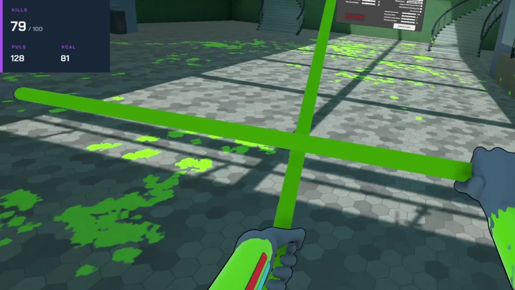 Brutalistick VR, Folge 3 mit dem Langspeer: zwei Speere in der Lobby, Einblendung 79 Kills, Puls 128