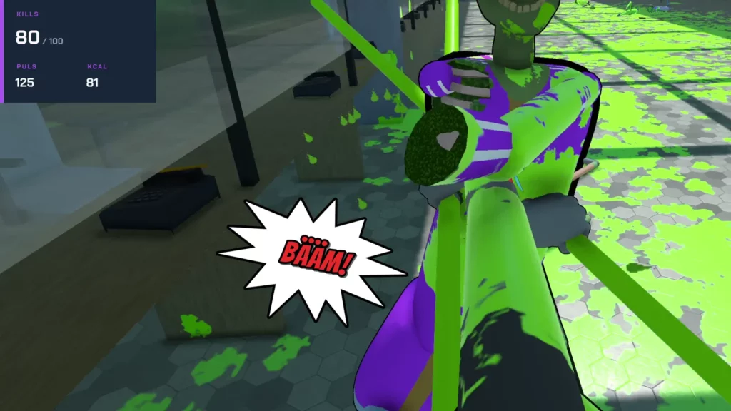 Brutalistick VR, Folge 3 mit dem Langspeer: Speer im Zombie, Comic-Wort BÄÄM, Einblendung 80 Kills, Puls 125