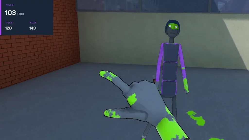 Brutalistick VR, Folge 1 ohne Waffe: Todesfinger auf den letzten Gegner, Einblendung 103 Kills, Puls 128, 143 kcal
