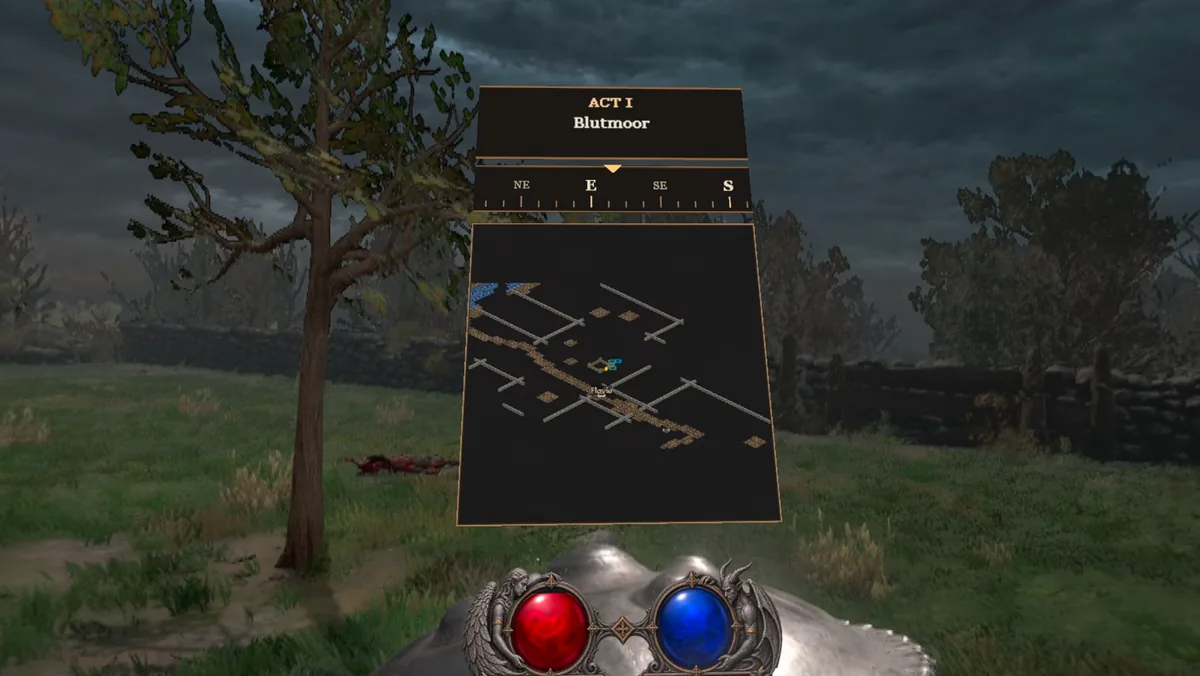 Karte und Kompass am Arm in Diablo 2 Resurrected VR, Akt 1 Blutmoor
