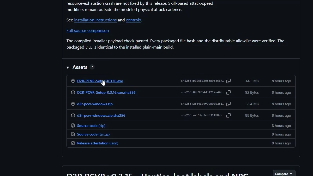 GitHub Release von D2R PCVR mit dem Setup unter Assets