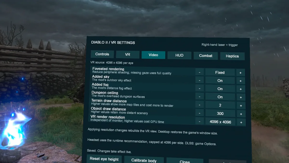 VR Settings der Mod D2R PCVR mit VR render resolution 4096 x 4096