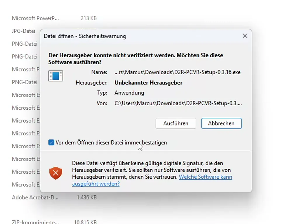 Windows-Sicherheitswarnung Unbekannter Herausgeber beim Setup von D2R PCVR