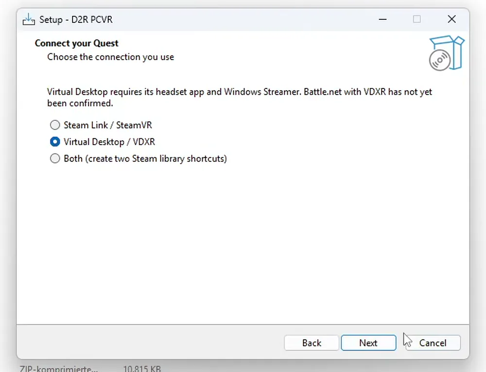 Setup von D2R PCVR: Verbindung Virtual Desktop VDXR für die Quest 3 auswählen