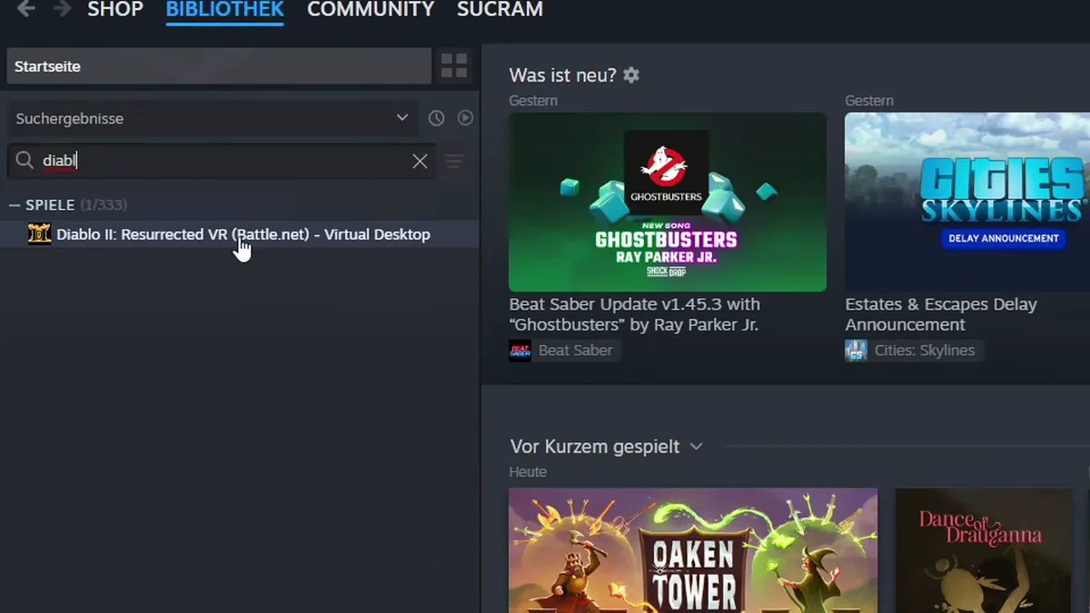 Steam-Bibliothek mit dem Eintrag Diablo II Resurrected VR Battle.net Virtual Desktop