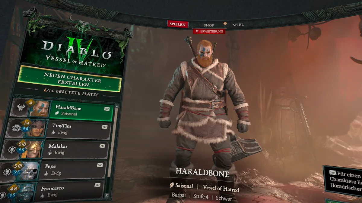 Charakterauswahl von Diablo 4 Vessel of Hatred auf der Leinwand der Meta Quest 3