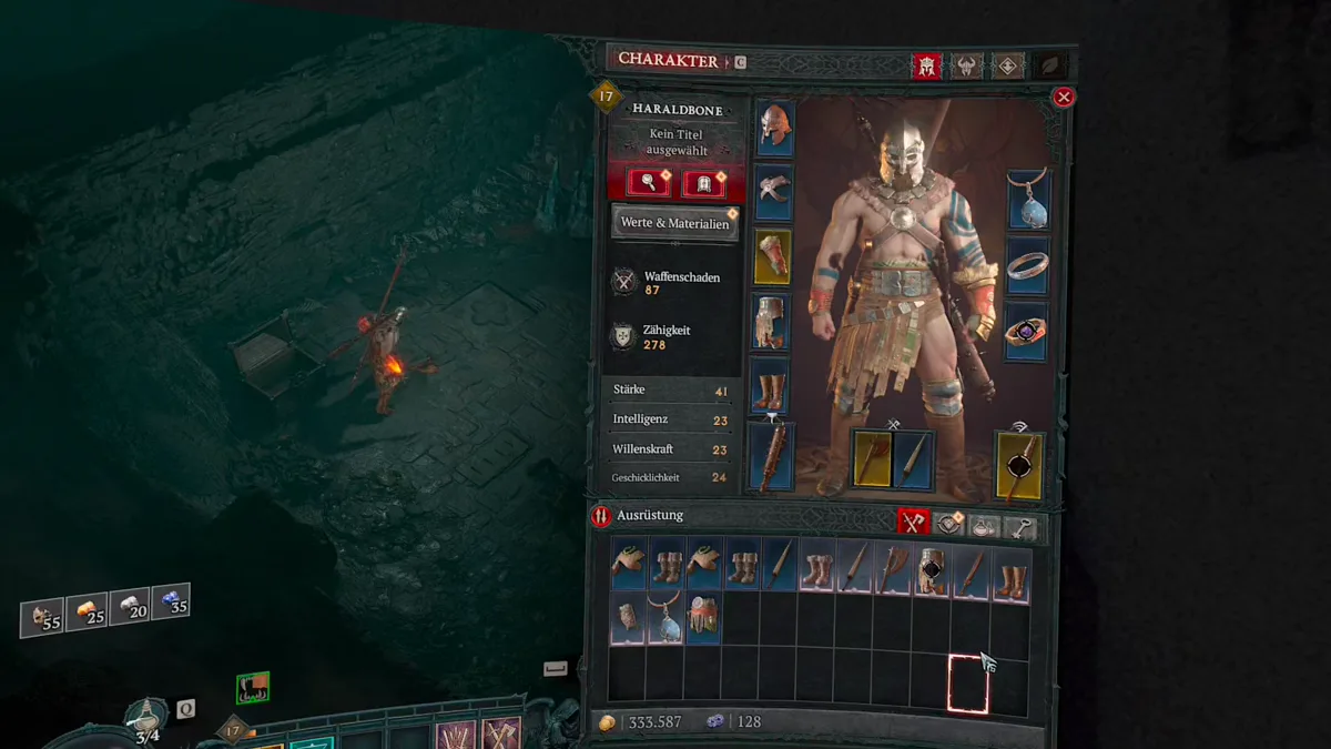 Charakter- und Ausrüstungsfenster von Diablo 4 auf der Leinwand der Meta Quest 3