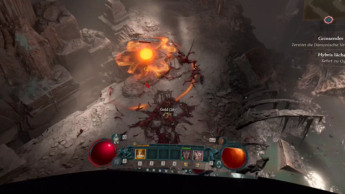 Feuerexplosion gegen einen Irren der Gefallenen in Diablo 4 auf der Meta Quest 3